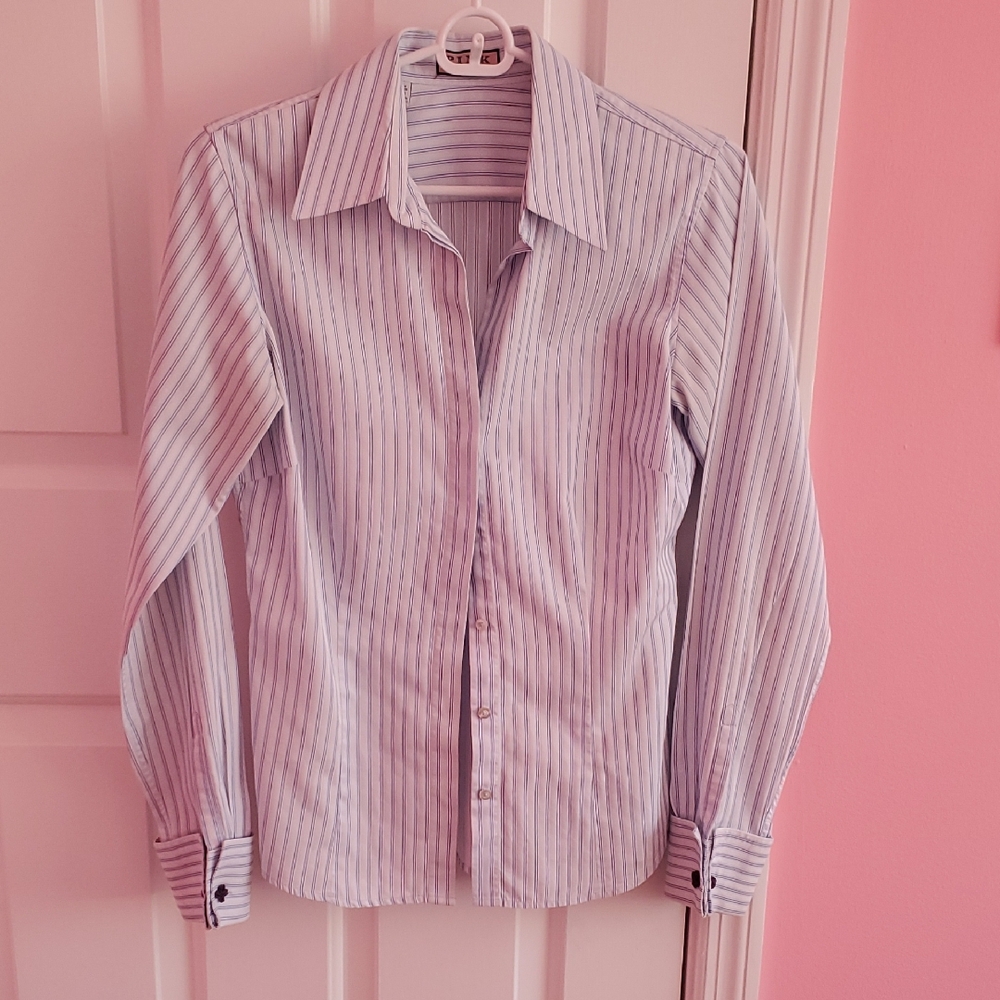 Thomas PINK, dark & light blue and white striped buttoned shirt